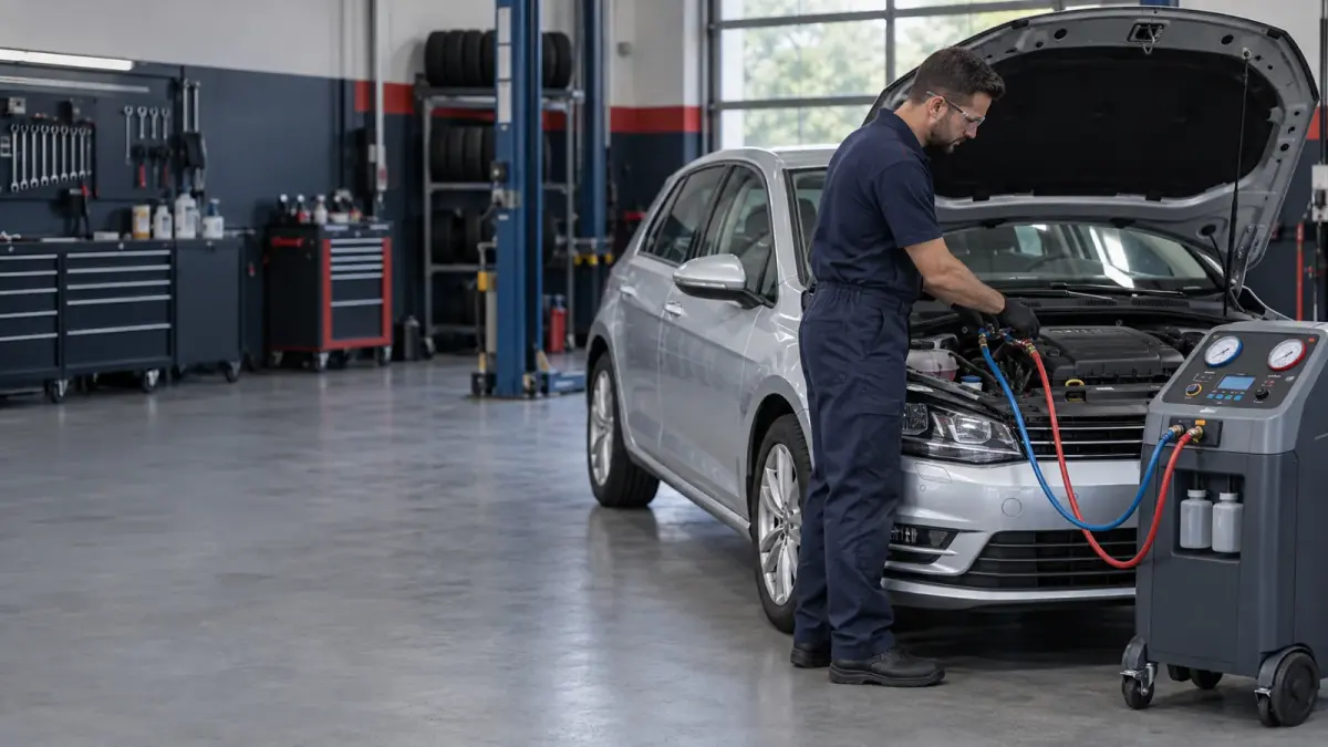 Illustration of a technician using an air conditioning service machine beside a car
